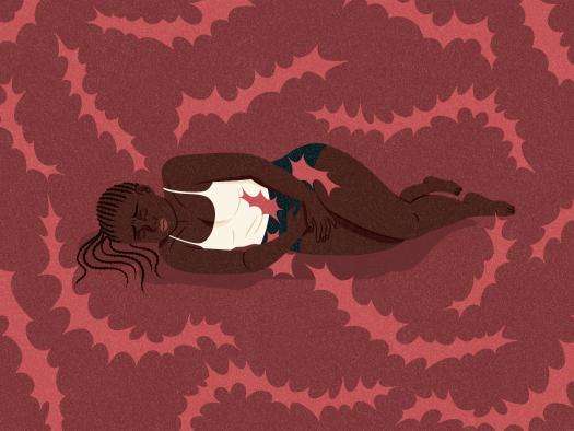 Illustration of a pregnant woman lying down on a red backdrop 