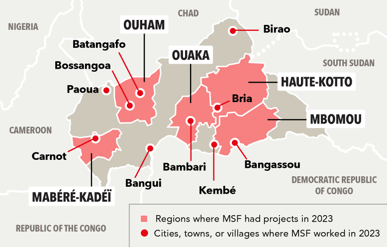 A map of Central African Republic, highlighting where MSF had projects in 2023.