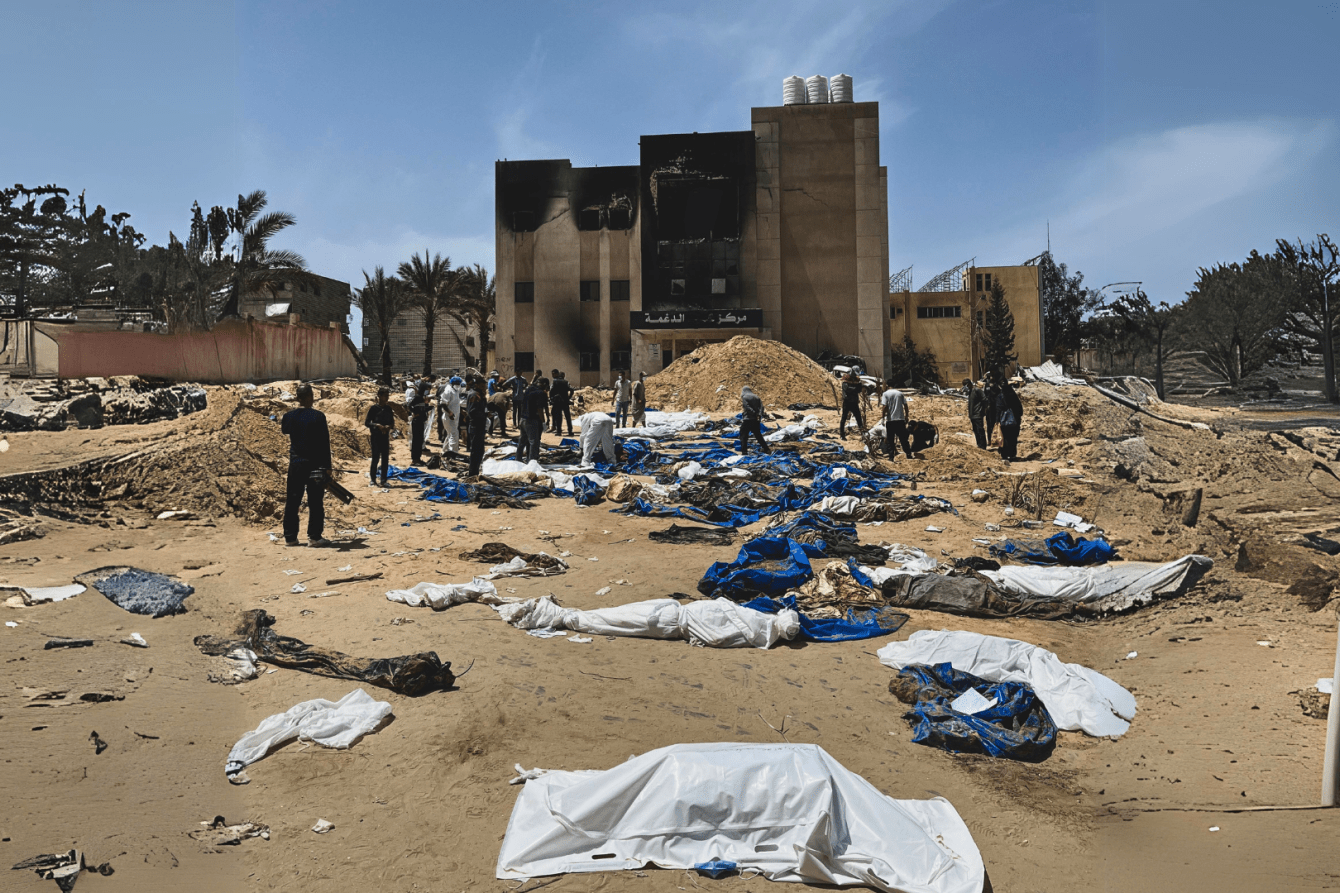 Bodies uncovered from a mass grave at Nasser Hospital in Gaza